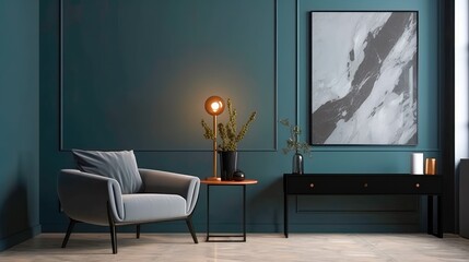 A modern living room with a picture frame on the wall. Generative AI