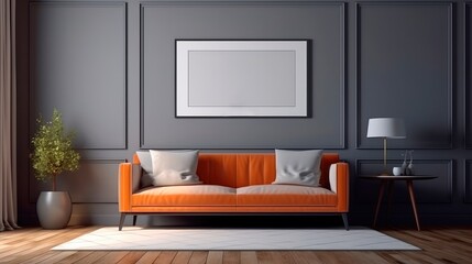 A modern living room with a picture frame on the wall. Generative AI