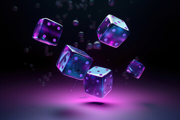 Futuristic floating neon dice, Glowing and full of energy, Casino gambling dice roll concept, 3D render, created with Generative AI - obrazy, fototapety, plakaty