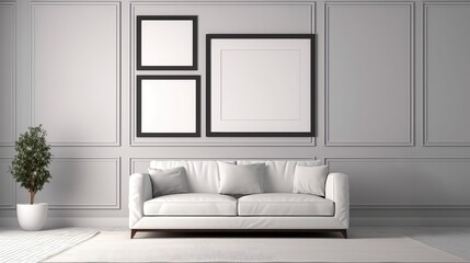 A modern living room with a picture frame on the wall. Generative AI