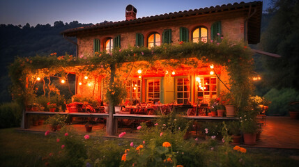 A cozy and romantic image of a charming villa surrounded by nature, with a warm and nostalgic vibe