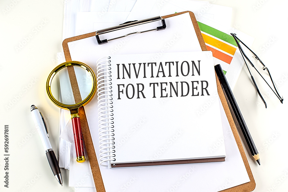 Poster invitation for tender text on notebook with clipboard on white background