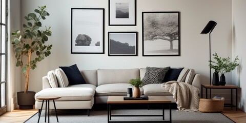 A modern living room with a picture frame on the wall. Generative AI