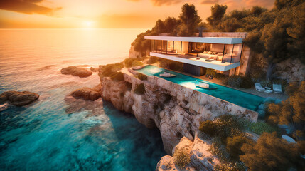 A breathtaking view of a modern, stylish villa by the sea at sunset, radiating serenity and elegance