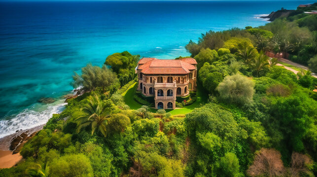 A captivating image of a lavish seaside villa, set amidst lush gardens, and offering breathtaking ocean views