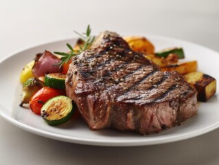 Photograph of Juicy Grilled Steak on White Plate.