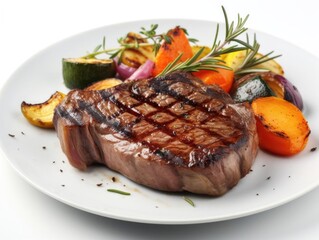 Photograph of a Juicy Grilled Steak on a White Plate with Top Right View.