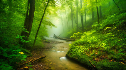 A peaceful stream flowing through a verdant forest on a misty morning
