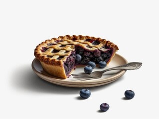 Photorealistic image of freshly baked blueberry pie, ready to be devoured.