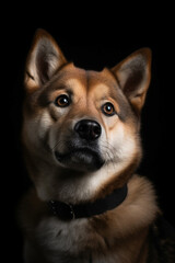 Happy puppy dog smiling on isolated black dark background. Studio shot dog. Dramatic lighting. Generative AI.