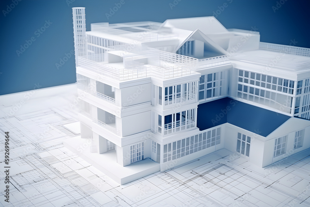 Poster building project architecture blueprint plans and house model. real estate. generative ai