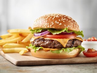 A Delicious Hamburger and Fries Served in Modern Style.