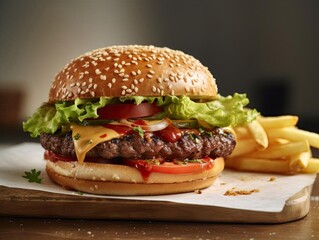 A Delicious Hamburger and Fries Served in Modern Style, Top Right View