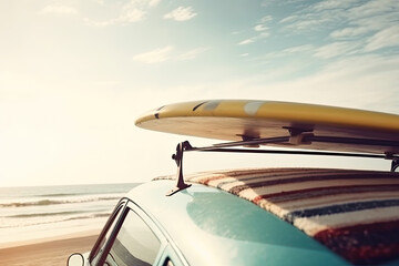 vintage car with a surfboard on the roof and a beach in the background. Ai generative