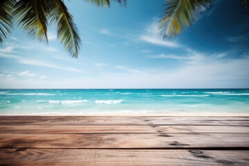 background with empty wooden planks with defocused palm trees and sea product placement. summer concept. Ai generative