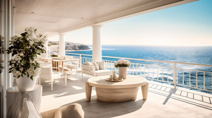 Fototapeta na wymiar An exquisite image of an elegant seaside terrace, providing a spectacular setting for relaxation and enjoying the stunning ocean views