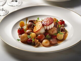 Top-down shot of beautifully presented lobster dish.