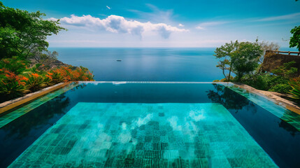 An eye-catching image of a magnificent infinity pool blending seamlessly with the ocean, set within a luxurious summer villa