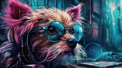 Dog hacker working on laptop, Technology cyberpunk background. Generative AI
