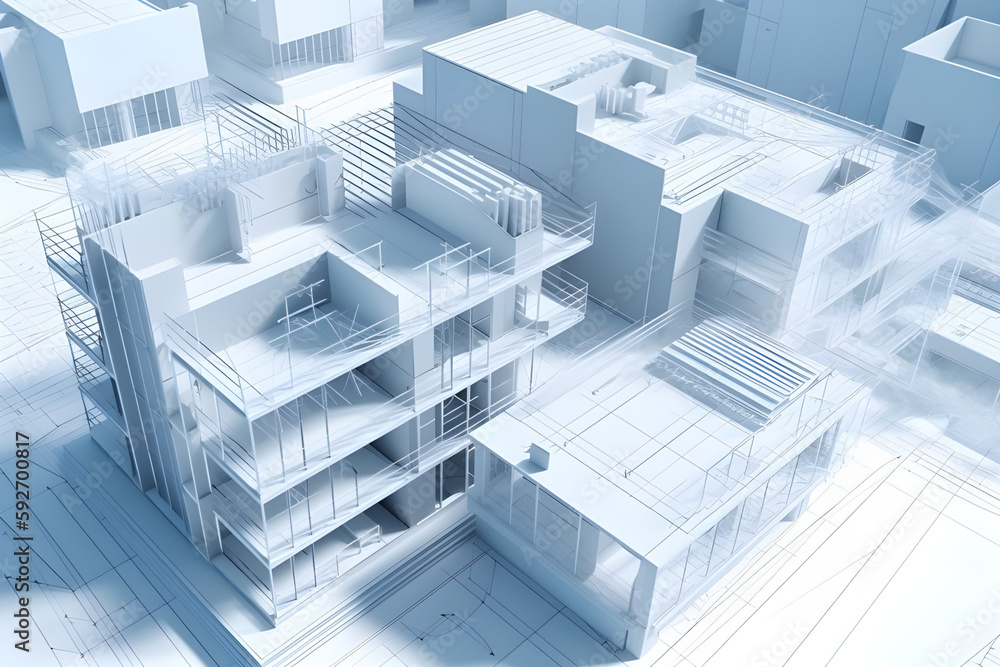 Poster building project architecture blueprint plans and house model. real estate. generative ai