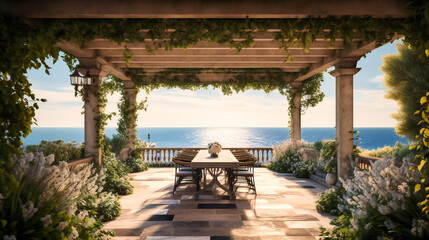 n elegant image of a stylish outdoor dining terrace, offering an indulgent and luxurious alfresco dining experience in a summer villa