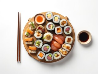 Top-Down Shot of Perfectly Arranged Sushi Platter, Image File Name: 9d252c74-e804-41d6-9ae7-7004ce09a30f, Bottom Left Corner.