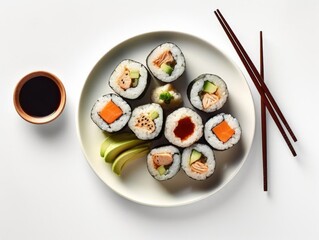 Top-Down Shot of Gourmet Sushi Rolls with Soy Sauce.