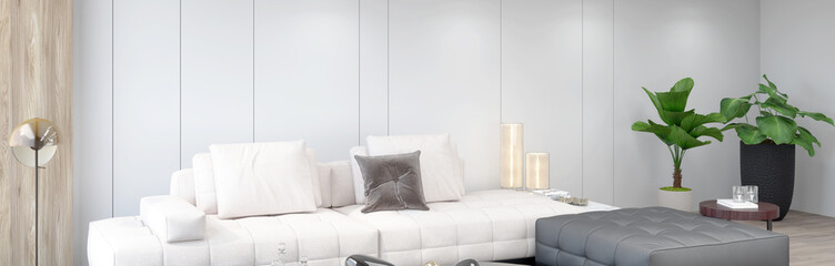 Large luxury modern bright interiors Living room mockup banner illustration 3D rendering computer digitally generated image