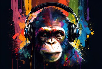 Fototapeta na wymiar Monkey in headphones illustration. AI generative.