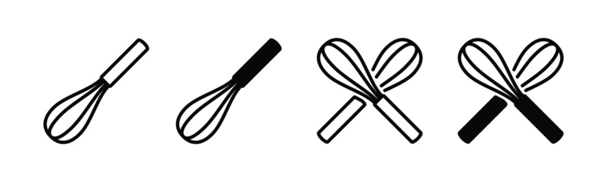 Whisk icon vector set. Crossed wisk icon symbol. Kitchen utensil whisk icons in line and flat style. Vector illustration