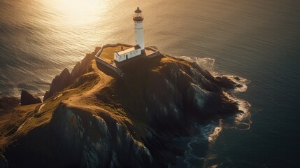 Image of light house on the hill by the beautiful sea. Generative AI