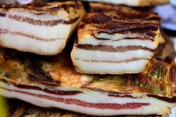 Closeup of smoked charcuterie meat products
