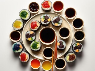 Obraz na płótnie Canvas Overhead Shot of Colorful Sushi Rolls, Platter of Sushi, Vibrant Colors, Delicious Cuisine