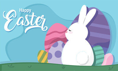 Cute rabbit with painted easter eggs Happy easter Vector
