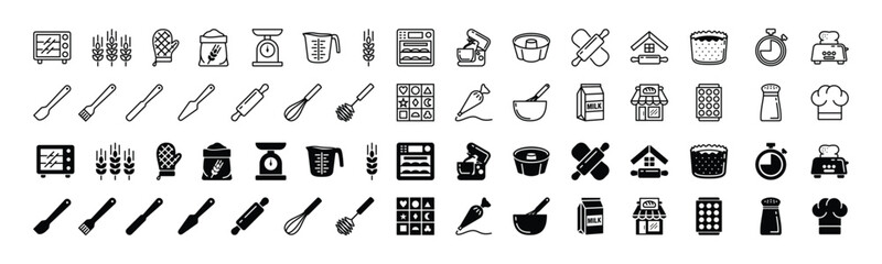 Bakery icons vector set in line and flat style. Oven, rolling pin, wheat, flour, timer, microwave, whisk, spatula, shop, utensile, scale, milk, chef hat, measuring cup and other. Vector illustration