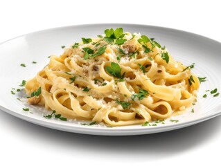 Dropdown pasta plate shot with white sauce.