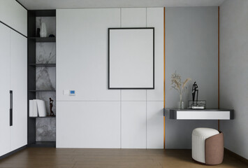interior view with table , mockup frame and wardrobe