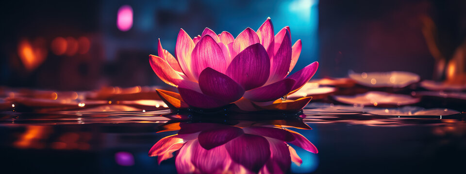 Closeup of the lotus flower on water, neon lights, magic atmosphere Generative Ai
