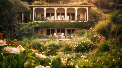 Obraz premium A stunning photograph of a secluded summer villa, nestled among lush greenery, offering the ultimate in luxury and privacy