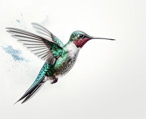 Fototapeta premium Humming bird hovering isolated on a white background. Generative AI