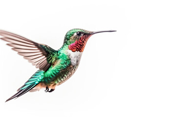 Fototapeta premium Humming bird hovering isolated on a white background. Generative AI