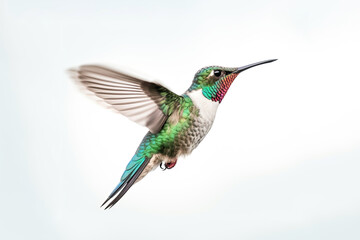 Fototapeta premium Humming bird hovering isolated on a white background. Generative AI