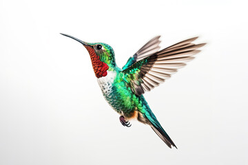 Fototapeta premium Humming bird hovering isolated on a white background. Generative AI