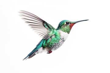 Humming bird hovering isolated on a white background. Generative AI - obrazy, fototapety, plakaty