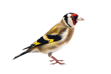 Colored small goldfinch on a white background. Generative AI - obrazy, fototapety, plakaty