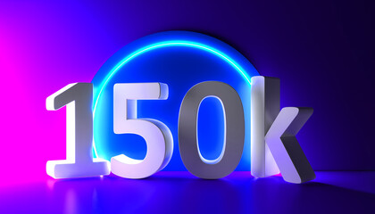 150K Followers. Achievement in 150K followers. 150000 followers background. Congratulating networking thanks, net friends abstract image, customers. 3d rendering. Isolated like and thumbs. Web banner.