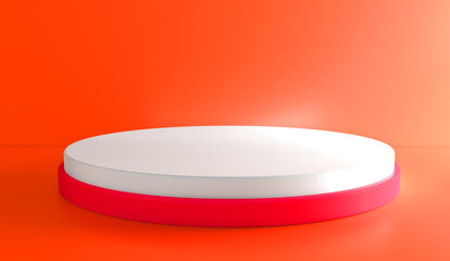 Red realistic 3d cylinder pedestal podium with pastel white semi circle backdrop. Abstract vector rendering geometric platform. Product display presentation. Minimal scene.
