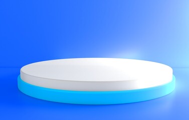 Blue realistic 3d cylinder pedestal podium with pastel white semi circle backdrop. Abstract vector rendering geometric platform. Product display presentation. Minimal scene.
