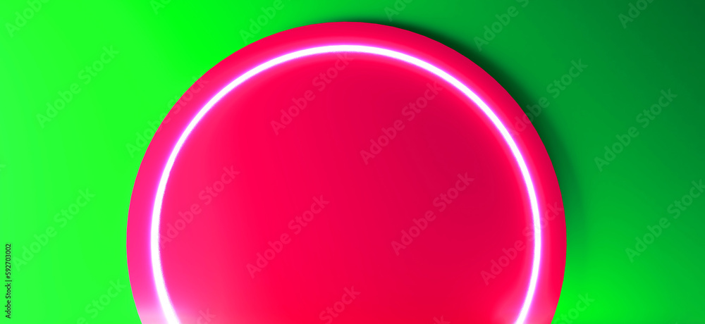 Poster glowing semicircle neon backdrop. technology futuristic scene. sci-fi platform concept. modern vecto
