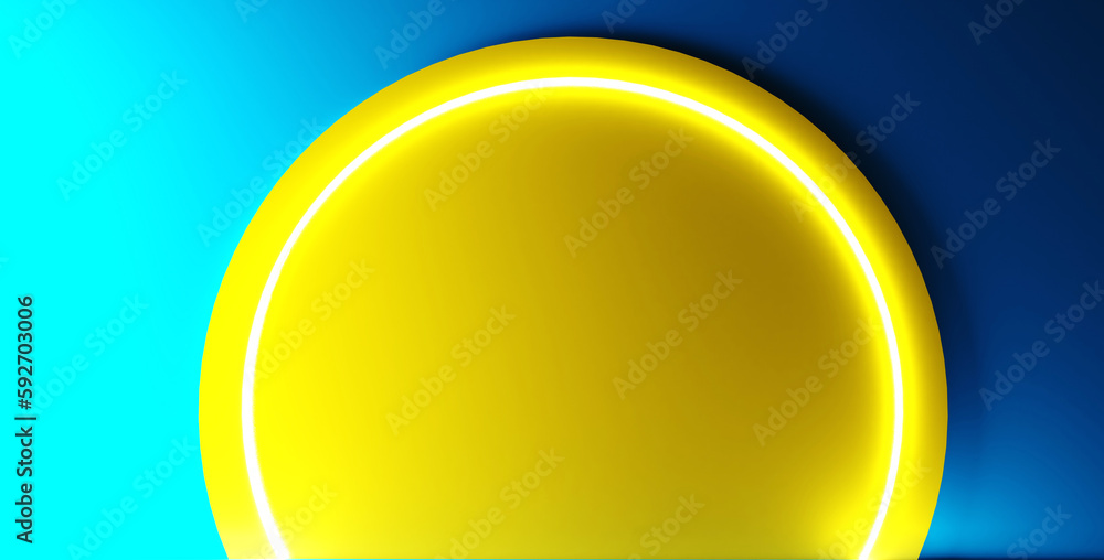 Poster glowing semicircle neon backdrop. technology futuristic scene. sci-fi platform concept. modern vecto